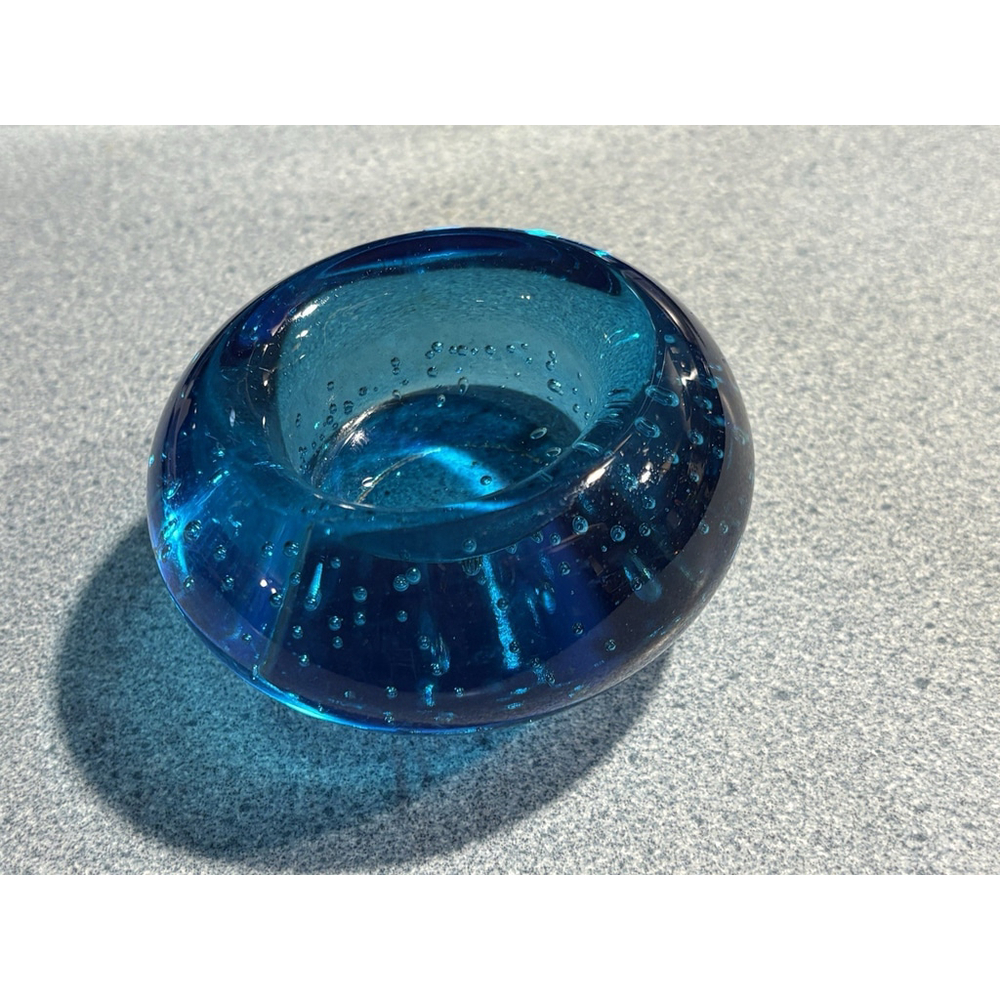 Vintage Blue Bubble Glass Votive Candle Holder Heavy Art Glass Bowl 16 oz